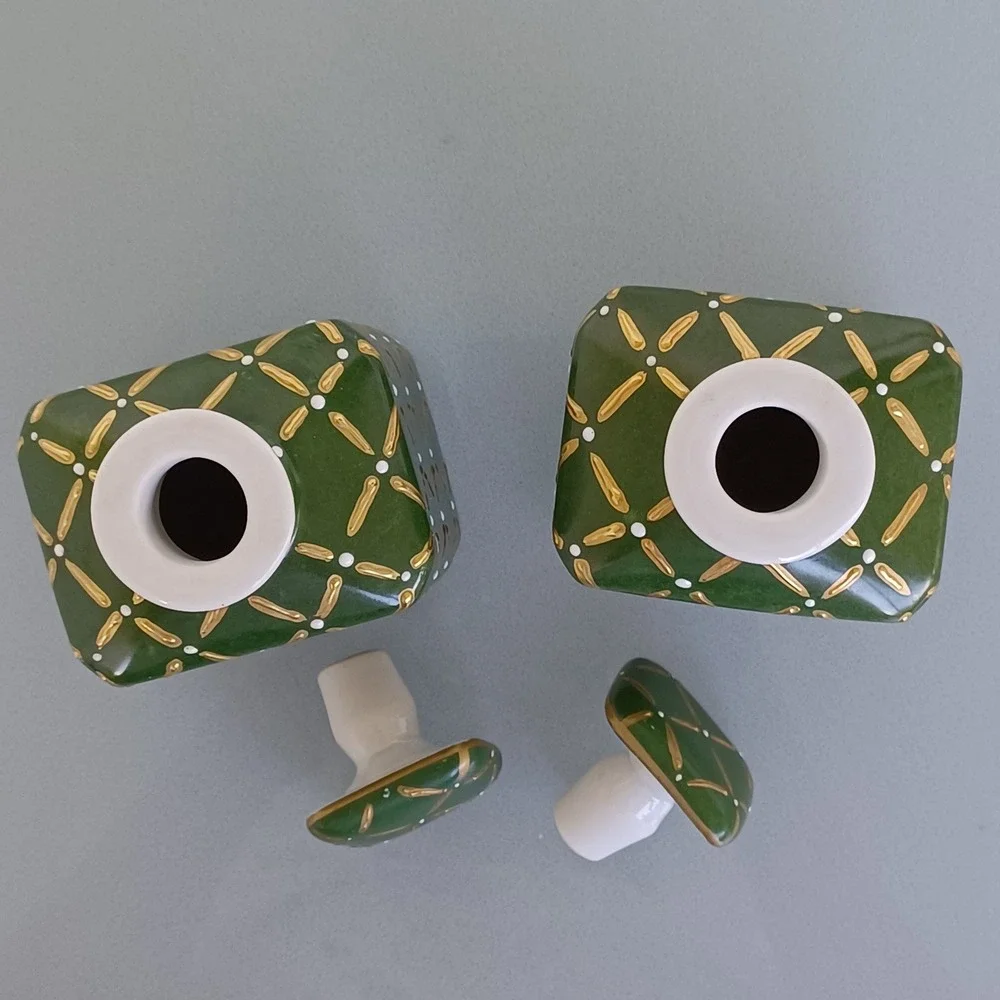 Limoges France for Saks Fifth Avenue Green Gold Hand Painted Porcelain Decanters